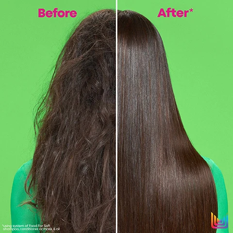 Image 1 - A split image showing the left side with frizzy, curly hair labeled Before and the right side with sleek, straight hair labeled After, both against a bright green background, with additional small text below indicating using system of Food For Soft shampoo, conditioner or mask, & oil.
              Image 2 - A split image shows frizzy, unstyled hair on the left labeled Before and smooth, defined curls on the right labeled After* against a bright green background, with a note *using system of Food For Soft shampoo, conditioner or mask, & oil at the bottom.
              Image 3 - Profile view of a person with short, light blonde hair, showing a comparison between their hair condition labeled Before on the left and After* on the right with a bright green background, featuring visible text at the bottom that reads *using system of Food For Soft shampoo, conditioner or mask, & oil.
              Image 4 - Image shows two dollops of creamy hair product on a green background with text stating 7x More Hydration*, 72 Hours Of Softness*, and For All Dry Hair.
              Image 5 - A close-up of a creamy, white hair product on a green background with text stating 7x More Hydration*, 72 Hours Of Softness*, and For All Dry Hair.
              Image 6 - A hand holding a green bottle of Matrix hair conditioner with text stating 7x More Moisture, Infused with avocado oil + hyaluronic acid, and Leaves hair feeling soft + hydrated.
              Image 7 - A person holding a green bottle of hair serum against a bright green background, with large text stating 7x More Moisture, and bullet points indicating it is infused with avocado oil, provides 450° F / 230° C heat protection, and guarantees 72 hours of seriously soft and smooth hair.
              Image 8 - A hand holding a green shampoo bottle labeled matrix Food For Soft against a bright green background, with text stating 7x More Moisture, Infused with avocado oil + hyaluronic acid, and Leaves hair feeling soft + hydrated.
              Image 9 - A green bottle of hair treatment labeled Food For Soft by Matrix is displayed on a bright green background with a dropper beside it, featuring promotional text that reads 6x More Hydration*, Shine & Heat Protection, and For All Dry Hair.
              Image 10 - A woman with curly hair smiles as she holds a green bottle labeled Food For Soft matrix in front of a bright green background.