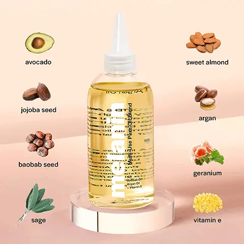avocado, jojoba seed, baobab seed, sage, sweet almond, argan, geranium, vitamin e. Multi-Use Pure Oil Blend DIFFERENT USES.
Moisture Sealant, Frizz Tamer, Detangler, Beard Moisturizer, Waterless Skin & Hair Moisturizer, Hot Oil Treatment, Shine Enhancement, Nail & Cuticle
Moisturizer. Multi-Use
Pure Oil Blend
and lightweight
blend instantly penetrates
hair. skin, ond scalp to
nourish and rebuild
with only the highest
quality oils: boobab. argon.
sweet almond, jojoba, sage,
geranium, and vitatnin E
en
softens, silkens. and
seals in moisture
to hair and body
helps to detmgle knots
on wet, damp. or dry hair