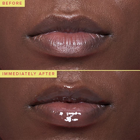 Image 1 and 2, before and immediately after. Image 3, clinically proven, 100& showed plumper lips, 100% showed reduction in lip lines, 100% showed visibly smoother lips. Image 4, clinically proven to lock in moisture for 8 hours. Image 5, peptides = visibly plumps, vitamin c = reduces lip lines, upcycled apple extract = moisturises and smooths, upcycled mango seed butter = nourishes lips. Image 6, goes on clear, glossy finish, apple scented, use under and over makeup. Image 7, how to recycle apple lip smoothie, rinse out remaining product, recycle the jar, cap and carton