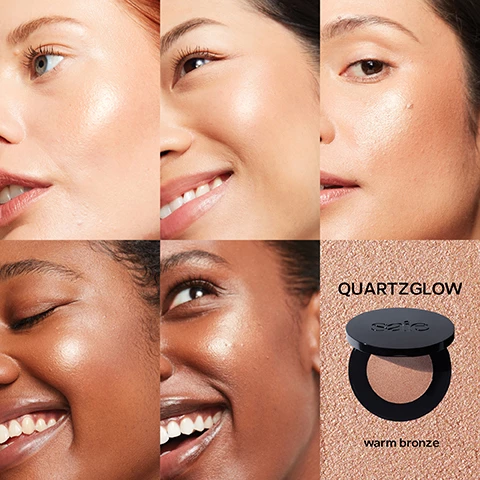 Image 1, quartz glow warm bronze. Image 2, bridge of nose, inner eye, cupids bow, cheekbone, brow bone and eyelid. andrea is wearing quartzglow. Image 3, bronzeglow mauve glow, peachglow, pink glow and quartzglow on 5 different skin tones. Image 4, supercharged ingredients, powered by saie science. nourishing kukui oil softens and soothes. hydrating and smoothing, hyaluronic acid attracts and binds moisture to hydrate and smooth skin. micropearl glow, mica's fine, micropearl particles create radiant, lifted effect without chunky glitter. Image 5, quartzglow - warm bronze. pink glow - cool pink. peachglow - warm pinky peach. bronzeglow - rich red bronze. mauve glow - cool toned mauve. Image 6, your saie glow stack. 1 = glowy super skin, available in 36 medium buildable shades. 2 = sun melt, available in 6 sculpting and bronzing shades. 3 = glow sculpt = available in 5 shades of blushy highlught. Image 7, blush and glow, two buildable formulas. glow sculpt = blush meets highlighter, shimmer finish, cream formula, refillable compact with mirror. dew blush = just pinched natural flush, dewy finish, liquid formula, chunky doe-foot applicator. Image 8, blend and sculpt, highlight. glow sculpt plus the double brush = bff's for a radiant saie glow. Image 9, glow forth, finished your glow sculpt? refill the pan with your fave shade or try a new one. to remove the pan, flip over compact and push a pin through the small hole. refills come in 100% plastic free packaging.