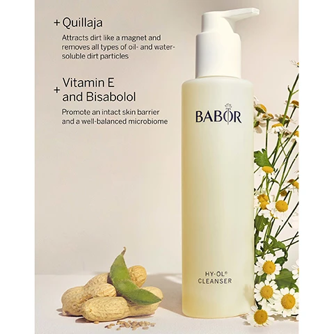 Image 1, quillaja attracts dirt like a magnet and removes all types of oil and water soluble dirt particles. vitamin e and bisabolol promote an intact skin barrier and a well balanced microbiome. image 2, cleansing HY-OL cleanser, the revolutionary, multi-award winning and nourishing two phase deep cleansing routine from babor, skin type = all skin types. skin concern = cleansing, even complexion. image 3, babor cleansing. beautiful skin starts with gentle and effective products from the babor cleansing line. clean and vegan formuklations that balance and keep the skin barrier healthy. up to 99.7% natural based, dermatologically tested, water conscious formulation, sustainably sourced packaging production techniques and clean formulations. image 4, the highest standards worldwide in clean beauty dermatologically tested, vegan, sustainable, while never compromising performance. free from - silicones, parabens, PEGs, microplastics, SLS, lactose, gluten, mineral oil, palm oil, plastic.