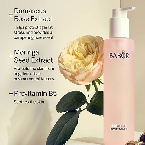 Image 1, damascus rose extract helps protect against stress and provides a pampering rose scent. moringa seed extract protects the skin from negative urban environmental factors. provitamin B5 soothes the skin. image 2, cleansing soothing rose toner. balancing alcohol free toner for all skin types. ensures a radiant, refreshed looking complexion and well balanced skin tone while preparing the skin for subsequent skincare. image 3, babor cleansing. beautiful skin starts with gentle and effective products from the babor cleansing line. clean and vegan formuklations that balance and keep the skin barrier healthy. up to 99.7% natural based, dermatologically tested, water conscious formulation, sustainably sourced packaging production techniques and clean formulations. image 4, the highest standards worldwide in clean beauty dermatologically tested, vegan, sustainable, while never compromising performance. free from - silicones, parabens, PEGs, microplastics, SLS, lactose, gluten, mineral oil, palm oil, plastic.