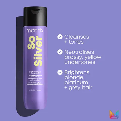 Image 1, Cleanses + tones ✔Neutralises brassy, yellow undertones ✓ Brightens blonde, platinum + grey hair Image 2, Hydrates dry, brittle hair Colour protecting formula Restores strength + nourishes Helps brighten grey tones Image 3, ✓ 20 beautifying benefits ✔ Detangles hair ✔ Adds moisture ✔ Protects against heat damage ✔ Primes hair for style ✔ Suitable for all hair types Image 4, So Silver & Miracle Creator Cleanse Condition Prime Shampoo Conditioner Multi-Tasking Treatment Image 5, So Silver For blondes, silvers and greys Start to neutralise unwanted yellow undertones from the 1st wash with So Silver* Before Cleanse Nourish Tone After* ** "When using a system of So Savershampoo + conditioner or so Sivershompoo + Mask When using a system of Solver shampoo + Mosk
