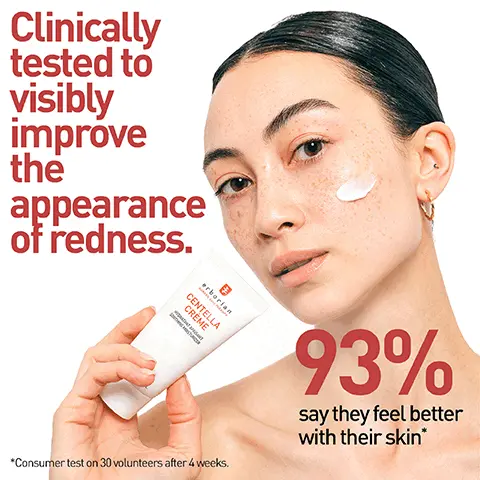 Image 1, Clinically tested to visibly improve the appearance of redness. erbac GENEMEA *Consumer test on 30 volunteers after 4 weeks. 93% say they feel better with their skin* Image 2, CENTELLA CREAM Intensely moisturizes Immediately soothes your skin and plumps your skin with moisture. 50 ML NET WT. 1.70 Leaves your complexion looking more even and luminous. SOOTHING MOISTURIZER HYDRATANT APAISANT CRÈME CENTELLA KOREAN SKIN THERAPY erborian 本 Image 3, 90% say the product texture is weightless on the skin. 97% say their skin was softer and plumped with moisture.[2] erborian KOREAN SKIN THERAPY CENTELLA CREME HYDRATANT AS SOOTHING M 90% say the product locked-in hydration all day long. 13) Consumer test on 30 volunteers during the application Consumer test on 30 volunteers immediately after application Consumer test on 30 volunteers at the end of the day *Consumer test on 30 volunteers after 4 weeks 93% say they feel better with their skin.4 Image 4, HYALURONIC ACID helps to keep the skin looking plumper. CENTELLA ASIATICA EXTRACT immediately soothes the skin. erborian KOREAN SAIN THERAPY CENTELLA CRÈME HYDRATANT APASANT SOOTHING MOISTURIZER SHEA BUTTER rich in omega fatty acids, Shea Butter is known for moisturizing and comforting the skin. BETA GLUCAN COMPLEX a naturally derived sugar complex that SOML NET WT 1702 contributes to moisturize and soothe the skin.