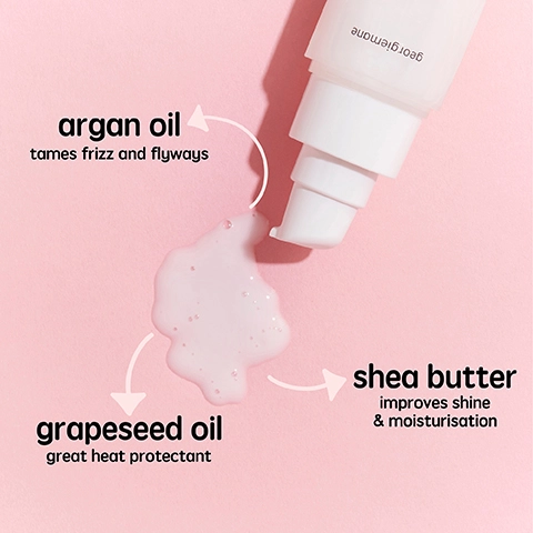 argan oil tames frizz and flyaways. grapeseed oil great heat protectant. shea butter improves shine and moisturisation.