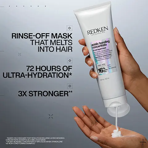 Image 1 - A person is holding a tube of Redkens acidic bonding concentrate rinse-off mask, with visible text stating RINSE-OFF MASK THAT MELTS INTO HAIR, 72 HOURS OF ULTRA-HYDRATION*, and 3X STRONGER**.
              Image 2 - Close-up image of white cream-like textures with visible text stating CITRIC ACID + BONDING CARE COMPLEX HELPS REPAIR BONDS + PREVENT FUTURE DAMAGE.
              Image 3 - A person with long red hair is shown from the back, with the left side labeled Before appearing straight and frizzy, and the right side labeled After one use showing smooth, wavy hair. Visible text includes BEFORE on the left and AFTER ONE USE* on the right, with smaller text stating *SYSTEM OF ACIDIC BONDING CONCENTRATE SHAMPOOS 5 MIN LIQUID MASK.
              Image 4 - Image showing a side-by-side comparison of hair before and after a treatment, with the left image labeled BEFORE showing frizzy, loose curls and the right image labeled AFTER ONE USE showcasing defined, bouncy curls; additional text at the bottom indicates SYSTEM OF ACIDIC BONDING CONCENTRATE SHAMPOO & 5-MIN LIQUID MASK.
              Image 5 - A tube of Redken Acidic Bonding Concentrate 5-in-1 Liquid Mask is shown against a textured white background, with visible text that reads LEAVE ON FOR 5-MINS & RINSE, WEEKLY, USE IN PLACE OF CONDITIONER, and CITRIC ACID 16%.
              Image 6 - Image shows a close-up of curly hair on the left and a person’s hand holding a tube of Redken hair mask on the right, with instructions and branding text saying AFTER SHAMPOOING USE MASK WEEKLY and APPLY TO MID LENGTHS & ENDS, LEAVE ON FOR 5 MINS & RINSE along with APPLY LEAVE-IN ON DAMP HAIR & STYLE.
              Image 7 - A tube of Redken Acidic Bonding Concentrate with a minimalist design, featuring five stars and a customer review stating that the product has transformed damaged hair.
              Image 8 - Three Redken hair care products are displayed: a Leave In Bond Repair tube, a Pre-Shampoo Bonding Treatment bottle, and a Hydrating Bonding Mask container, with some product visibly squeezed out beside each.