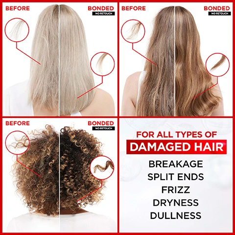 Image 1 - Image shows before and after images of hair on a white background, highlighting damaged hair issues such as breakage and split ends; visible text includes BEFORE, BONDED NO RETOUCH, and FOR ALL TYPES OF DAMAGED HAIR BREAKAGE SPLIT ENDS FRIZZ DRYNESS DULLNESS.
              Image 2 - An image showing a stylized molecular structure with red spheres and clear tubes is accompanied by the text HOW DOES BOND REPAIR [REBUILD] BROKEN BONDS, BOND REPAIR +[CITRIC ACID] COMPLEX, and POWERS DEEP INSIDE THE HAIR.
              Image 3 - An image displaying three hair care products from LOréal Elvive, labeled as Pre-Shampoo with 12% citric acid, Shampoo with 5% citric acid, and Conditioner with 10% citric acid, along with descriptions of their benefits.
              Image 4 - A LOréal Elvive Bond Repair leave-in serum bottle with instructions that say to rub two drops between the palms of your hands, apply evenly to wet or dry hair, and that hair will be stronger, shinier, and easier to manage.