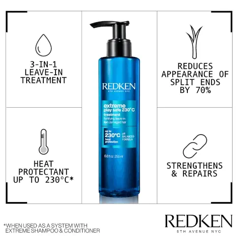 Image 1, 3-IN-1 LEAVE-IN TREATMENT REDKEN 5TH AVENUE NYC 1 HEAT PROTECTANT UP TO 230°C* extreme play safe 230°C treatment fortifying leave-in for: damaged hair up to pH 230°C BALANCED heat protection 6.8 fl oz 250 ml FORMULA REDUCES APPEARANCE OF SPLIT ENDS BY 70% STRENGTHENS & REPAIRS *WHEN USED AS A SYSTEM WITH EXTREME SHAMPOO & CONDITIONER REDKEN 5TH AVENUE NYC. Image 2, STEP 1: SHAMPOO STEP 2: CONDITION STEP 3: TREAT