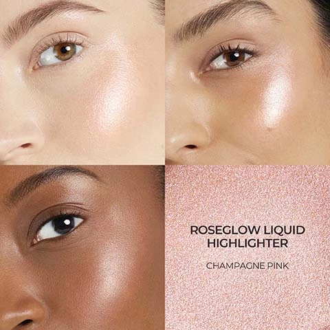 Image 1, roseglow liquid highlighter in champagne pink. Image 2, swatches on 3 different skin tones, peach bronze, gold glow and champagne pink. Image 3, twist, dab, blend and repeat. Image 4, french mimosa flower extract - brightens skin and softens the appearance of lines and texture