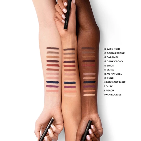 Image 1, swatches of 19 - cafe noir, 18 - cobblestone, 17 - caramel, 16 - dark cacao, 15 - brick, 14 - sepia, 13 au naturel, 12 - dune, 11 midnight blue, 9 - dusk, 3 - peach, 1 - vanilla kiss on three different skin tones. image 2, 100% of users said it glides on smoothing and is easy to control. 97% of users said it hugs eyelids while giving just the right amount of play time to achieve desired results. 94% of users said the formula is buildable from sheer to an intense look. based on an independent US consumer study on 34 participants. image 3, new and improved caviar stick eye shadow matte. 24 hour longwear, waterproof, crease proof and transfer proof. non tugging, creamy texture. versatile, effortless shades.