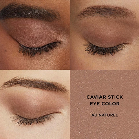 Image 1, caviar stick eye color in au naturel on three different skin tones. image 2, caviar stick eye colour in rose gold on three different skin tones.