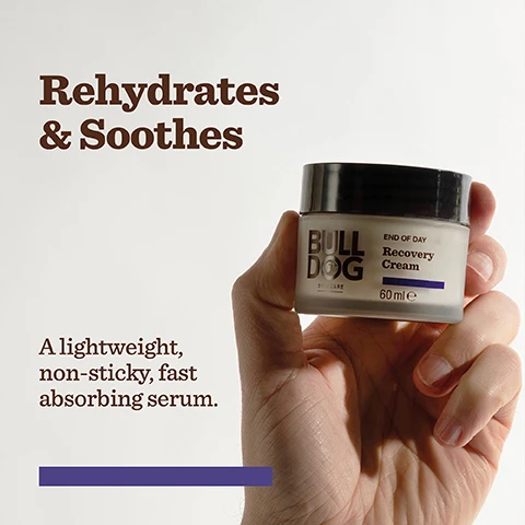 Image 1, rehydrates and soothes, a lightweight, non sticky, fast absorbing serum. Image 2, melatonin, tiger grass extract, shea butter. Image 3, jar = 50% PCR plastic. lid = 30% PCR plastic mono material pump. FSC certified cardboard carton. 99% natural origin, natural origin fragrance, vegetarian society vegan approved.
