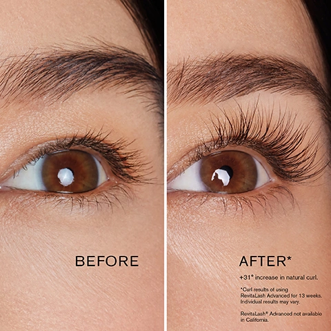 Image 1 - Before and after comparison of an eye showing significantly longer and more curled eyelashes after treatment, with text reading BEFORE on the left panel, and on the right panel AFTER* +31° increase in natural curl. *Curl results of using RevitaLash Advanced for 13 weeks. Individual results may vary. RevitaLash® Advanced not available in California. Image 2 - A split image shows a close-up of an eye and eyebrow before and after using an eyelash product, with the left side showing shorter, less curled lashes labeled BEFORE, and the right side showing significantly longer, fuller, and more curled lashes labeled AFTER* +41° increase in natural curl. *Curl results of using RevitaLash Advanced for 16 weeks. Individual results may vary. RevitaLash® Advanced not available in California.