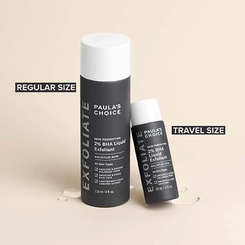 Image 1, regular size, travel size. Image 2, the iconic 2% bha liquid exfoliant, the gentle leave on formula that brings out skins natural glow. salicylic acid - concentrated bha penetrates deep into pores to clear breakouts sooner. green tea quickly calms redness and soothes sensitivity. Image 3, key features, fights breakouts and blackheads, removes dead skin cells, fast absorbing liquid. Image 4, 2% bha liquid exfoliant before and after