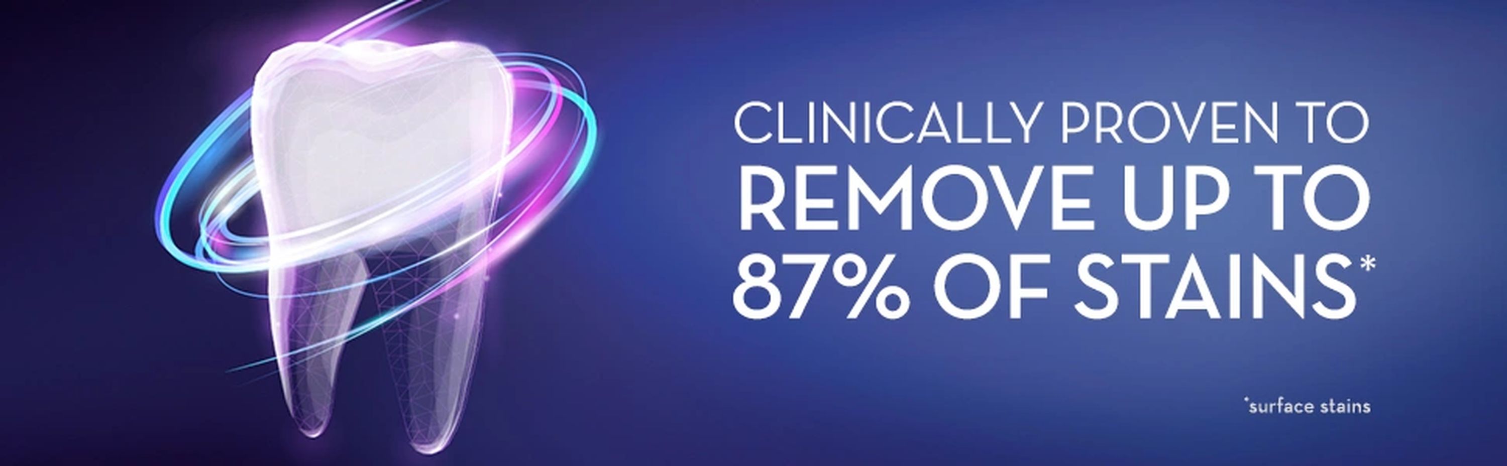 Clinically proven to remove up to 87% of stains. Surface stains.