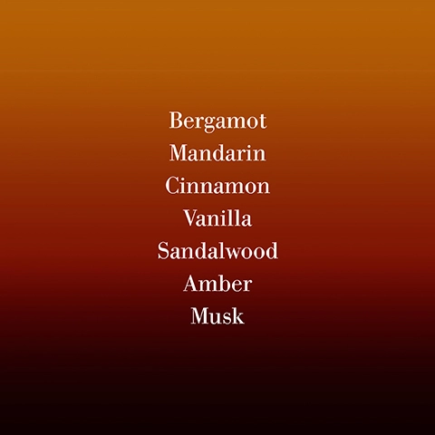 A gradient background in warm tones features listed text: Bergamot, Mandarin, Cinnamon, Vanilla, Sandalwood, Amber, Musk.