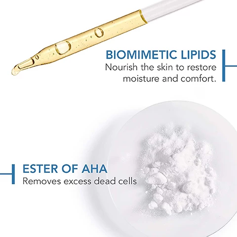 Image 1, biomimetic lipids nourish the skin to restore moisture and comfort. image 2, -31% of roughness. clinical scoring on body after 28 days of application, peformed on 33 volunteers with normal to very dry skin 2022. image 3, +15% of moisturisation after 24 hours. corneometry test on 10 subjects during 24 hours, 2022. image 3, 84% the skin is moisturised immediately. user test under dermatological control, % of satisfaction on 30 subhects for 28 days, 2022. image 4, normal to dry skin 1 = cleanse, 2 = care. image 5, 1 = warm a few drops of oil between your hands. 2 = gently massage into your skin using circular movements.