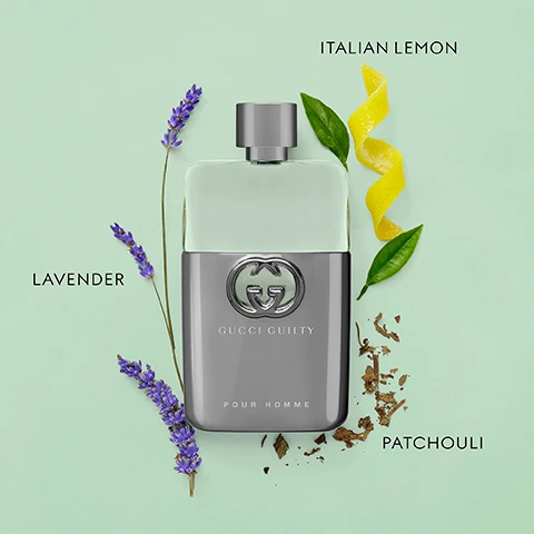 Image 3 - A grey Gucci Guilty Pour Homme fragrance bottle with the text GUCCI GUILTY POUR HOMME is shown on a green background surrounded by elements labelled LAVENDER ITALIAN LEMON and PATCHOULI. Image 7 - A row of five Gucci Guilty Pour Homme fragrance bottles with flowers and a chili pepper on a green background, labeled GUCCI GUILTY POUR HOMME, GUCCI GUILTY ESSENCE, GUCCI GUILTY EAU DE PARFUM POUR HOMME, GUCCI GUILTY PARFUM POUR HOMME, GUCCI GUILTY ELIXIR DE PARFUM POUR HOMME, with text below EAU DE TOILETTE, ESSENCE EAU DE TOILETTE, EAU DE PARFUM, GUILTY PARFUM, ELIXIR DE PARFUM, and INTENSITY.