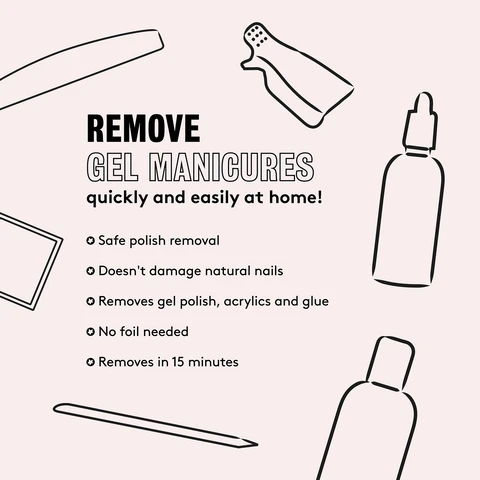 Image 1, remove gel manicures quickly and easily at home safe polis removal doesnt damage natual nails removes gel polish acrylics and glue no foil needed and remove in 15 minutes Image 2, lasts for up to 3 weeks, applies like normal polish, hema free, vegan and cruelty free, cures in 30-60 seconds, no dry time with LED lamp, removes in 6 minutes. Image 3, step by step. 1 = prep, push back your cuticles, file, buff and cleanse with a lint free wipe soaked in mylee prep and wipe. 2 = base, apply the mylee base coat and cure for 30-60 seconds using the mylee pro LED lamp. remove any gel on your skin before curing. 3 = colour, brush on your chosen mylee gel polish and cure for 30-60 seconds using the mylee pro LED lamp repeat to build up the color. 4 = finish, apply a mylee top coat and cure for 30-60 seconds. for regular top coats, remove the sticky layer by wiping the nails with a lint free wipe soaked in mylee prep and wipe. wash your hands, moisturise and voila you're all set.