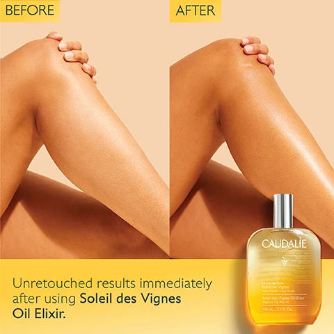 Image 1 - Image shows a side-by-side comparison of a womans leg before and after using Soleil des Vignes Oil Elixir, with smooth, glowing skin on the right and the text Unretouched results immediately after using Soleil des Vignes Oil Elixir at the bottom along with an image of the product bottle.
              Image 2 - A close-up image of a persons thigh and abdomen, with a bottle of Caudalie skincare product resting on the thigh, along with the text 100% Soothed skin* in the top right corner.
              Image 3 - A hand holds a clear bottle of Caudalie Multi-use Oil Elixir against a warm, gradient background, with visible text on the bottle stating the product name and features that read Hydrate, Glow, and Perfume.
              Image 4 - A close-up of a hand holding a bottle of Caudalie oil, with smooth, radiant skin visible on the leg in the foreground; the text reads 96% Saw radiant skin* and references 22 volunteers over 28 days.
              Image 5 - A bottle of Caudalie nourishing oils is displayed among coconut halves, green grapes, and white flowers, with visible text that reads Nourishing Oils, Argan, shea, grape seeds, and Soleil des Vignes Fragrance, Coconut, white flowers.
              Image 6 - A bottle of Caudalie Huile de Soin oil is placed on a thigh, highlighting the glossy texture of the oil on the skin, with the text 86% Saw repaired skin* displayed above.
              Image 7 - An image of two bottles of Caudalie oil in front of a yellow background, with the larger bottle on the left labeled LARGE SIZE 100mL and the smaller bottle on the right labeled FULL SIZE 50mL.
              Image 8 - Image shows two bottles of Caudalie oil elixirs, one labeled Smooth & Glow Oil Elixir on the left and the other labeled Soleil des Vignes Oil Elixir on the right, with checkmarks indicating uses for body, hair, and décolleté, as well as fragrance descriptions.