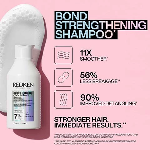 Image 1, bond strengthening shampoo, 11 times smoother, 56% less breakage, 90% improved detangling. stronger hair, immediate results. Image 2, bond strengthening conditioner, 11 times smoother, 56% less breakage, 90% more conditioned. stronger hair, immediate results. Image 3, 24 hour frizz protection, heat protection up to 450 f, 230 degrees. increased shine