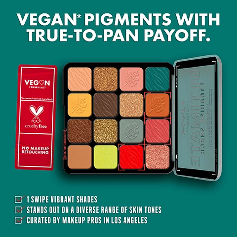 Image 1, vegan pigments with true to pan payoff. 1 swipe vibrant shades. stands out on a diverse range of skin tones. curated by makeup pros in los angeles. image 2, 16 vegan, true to pan payoff shades. matte, shimmer, high pearl and metallic. no animal derived ingredients. image 3, viel - base eye with neutral shadow. pop - add bright green to inner corner. diffuse - blend teal on inner eye crease.