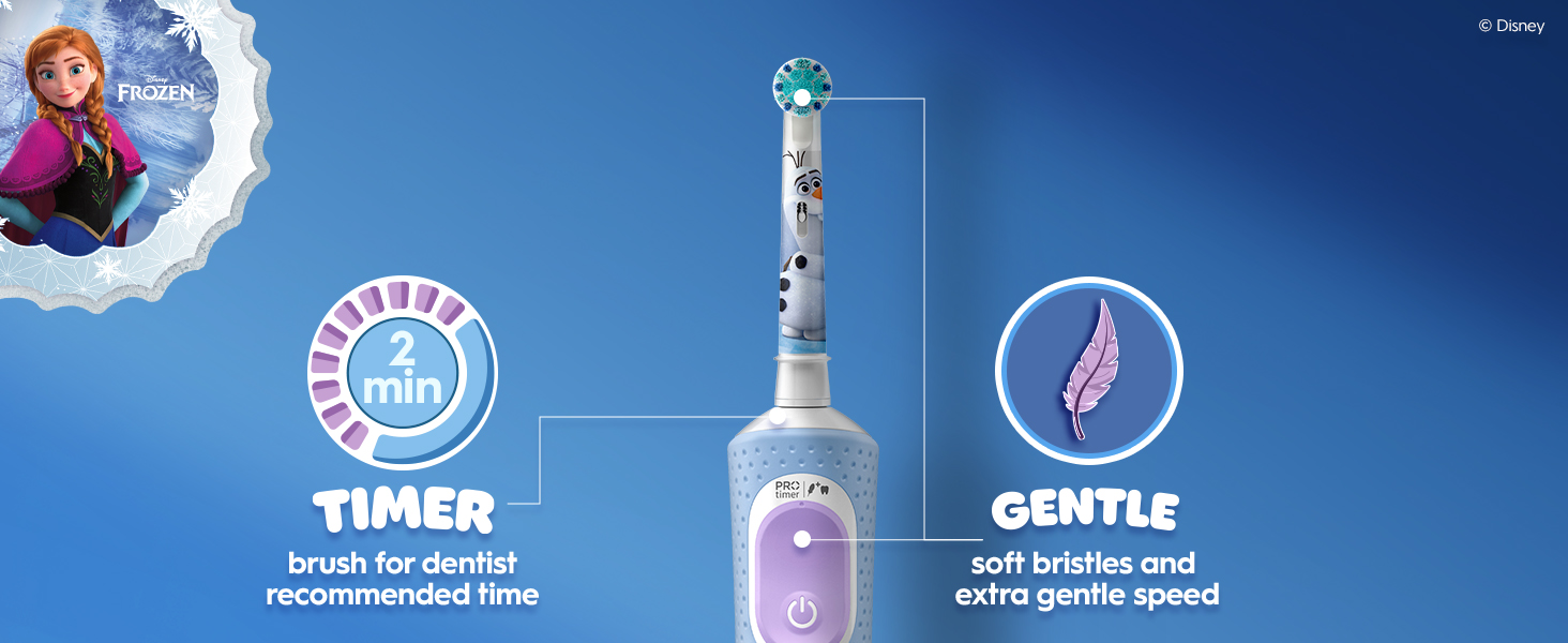 FrozenClose-up of the Oral-B Frozen electric toothbrush standing upright. Icons show features: “2-min Timer” and “Gentle” with feather icon. Anna is visible in the corner.