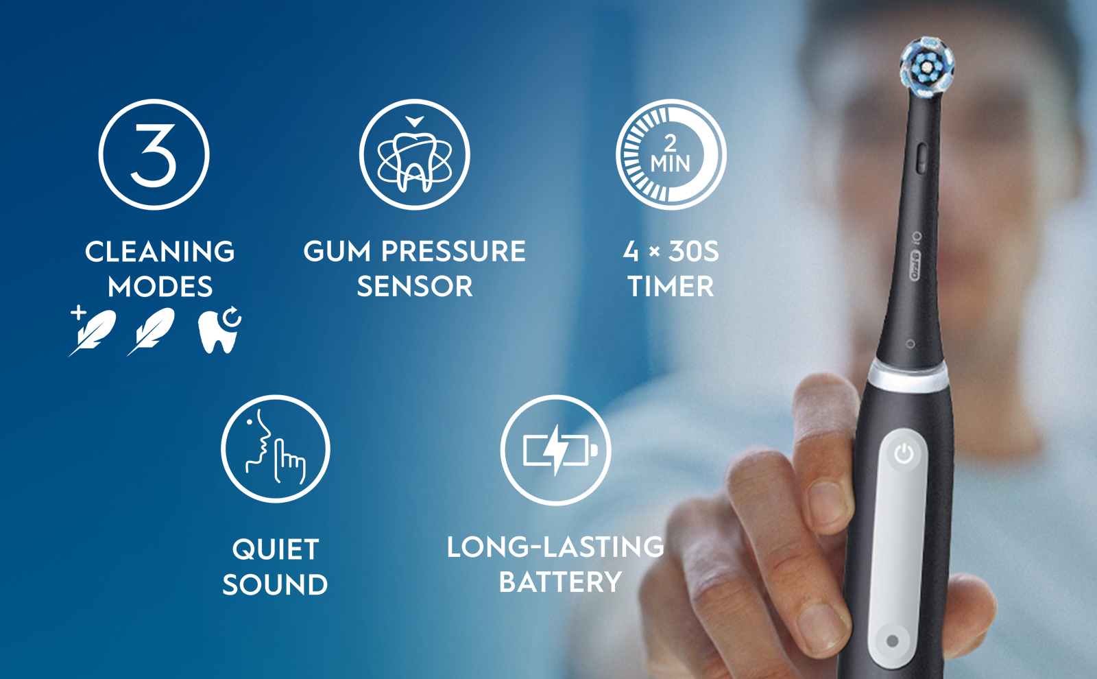 Features of the Oral-B iO electric toothbrush: 3 cleaning modes, gum pressure sensor, 2-minute timer, quiet sound, and long-lasting battery.