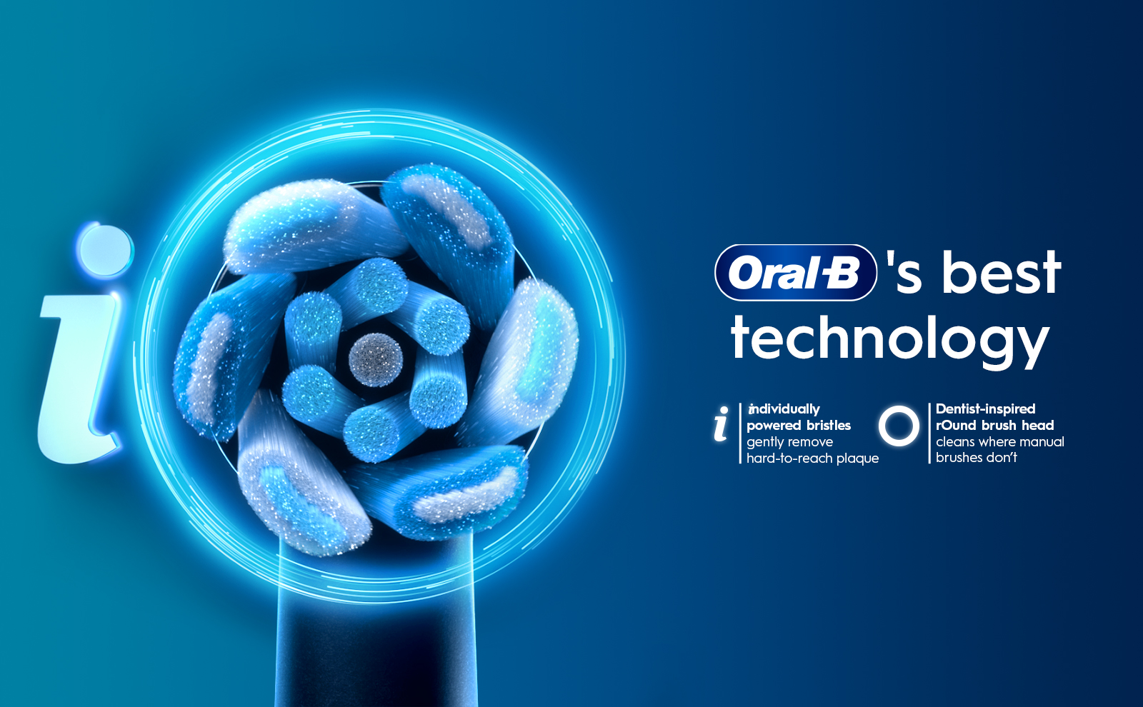 Oral-B's best technology featuring a close-up of an electric toothbrush head with round bristles, surrounded by a glowing blue circle.