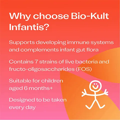 Can be taken with antibiotics No need to store in the fridge Easy to take with - or add to - food. NO ARTIFICIAL COLOURS OR FLAVOURS. GLUTEN FREE. VEGETARIAN. Why choose Bio-Kult Infantis? Supports developing immune systems and complements infant gut flora. Contains 7 strains of live bacteria and fructo-oligosaccharides(FOS)Suitable for children aged 6 months+ Designed to be taken every day.