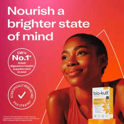 Image 3 - A smiling woman with dark skin looks upwards and to the right against a vibrant red-orange background, next to a Bio-Kult Brain Health Brighten supplement box, with text that reads Nourish a brighter state of mind, GBs No.1* Adult digestive health supplement brand, Scientifically Researched PXN Strains*, and on the box: Bio-Kult Love Your Microbiome Brain Health Brighten, Scientifically developed to support your digestive system plus: Nurture a brighter state of mind, Foster a clearer mindset, Reduce brain fog, With multivitamins & zinc. Image 4 - Against a pink to orange gradient background, two hands are visible in the lower right, one holding several white capsules and the other reaching for a capsule, with a faint white geometric outline in the upper right, while text on the left reads Support your digestive and immune systems With Vitamins B6 & B12 for normal psychological function, and Vitamin D & Zinc for immune system support, and a white circle in the lower left states 60 capsules. Image 5 - A smiling woman with dark hair and freckles holds a white capsule in one hand, about to take it, and a glass of water in the other, set against a pink and orange gradient background that reads Powering a brighter mind from the gut and features a circular graphic with a capsule icon that says Two a day, 60 capsules. Image 6 - A hand holds a silver blister pack containing multiple light-colored capsules against a pink and orange gradient background, with the text Why Blister Packs? Blister packs protect each individual capsule and the live bacteria inside against moisture. The blister pack also displays BBE 10.2026.