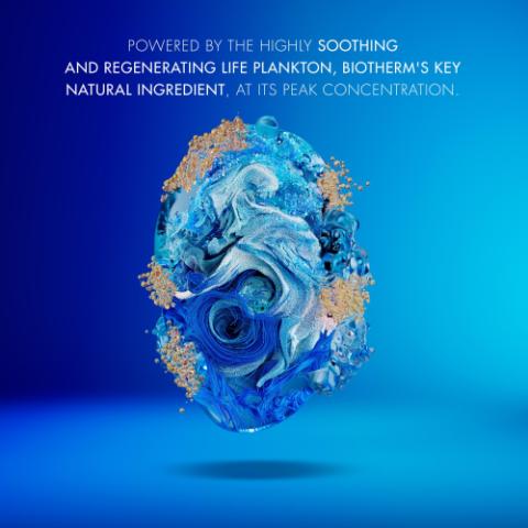 Image GIF1 - An abstract blue and white swirling liquid shape, accented with small golden particles, floats against a gradient blue background, with the text: Powered by the highly soothing and regenerating Life Plankton, Biotherms key natural ingredient, at its peak concentration.