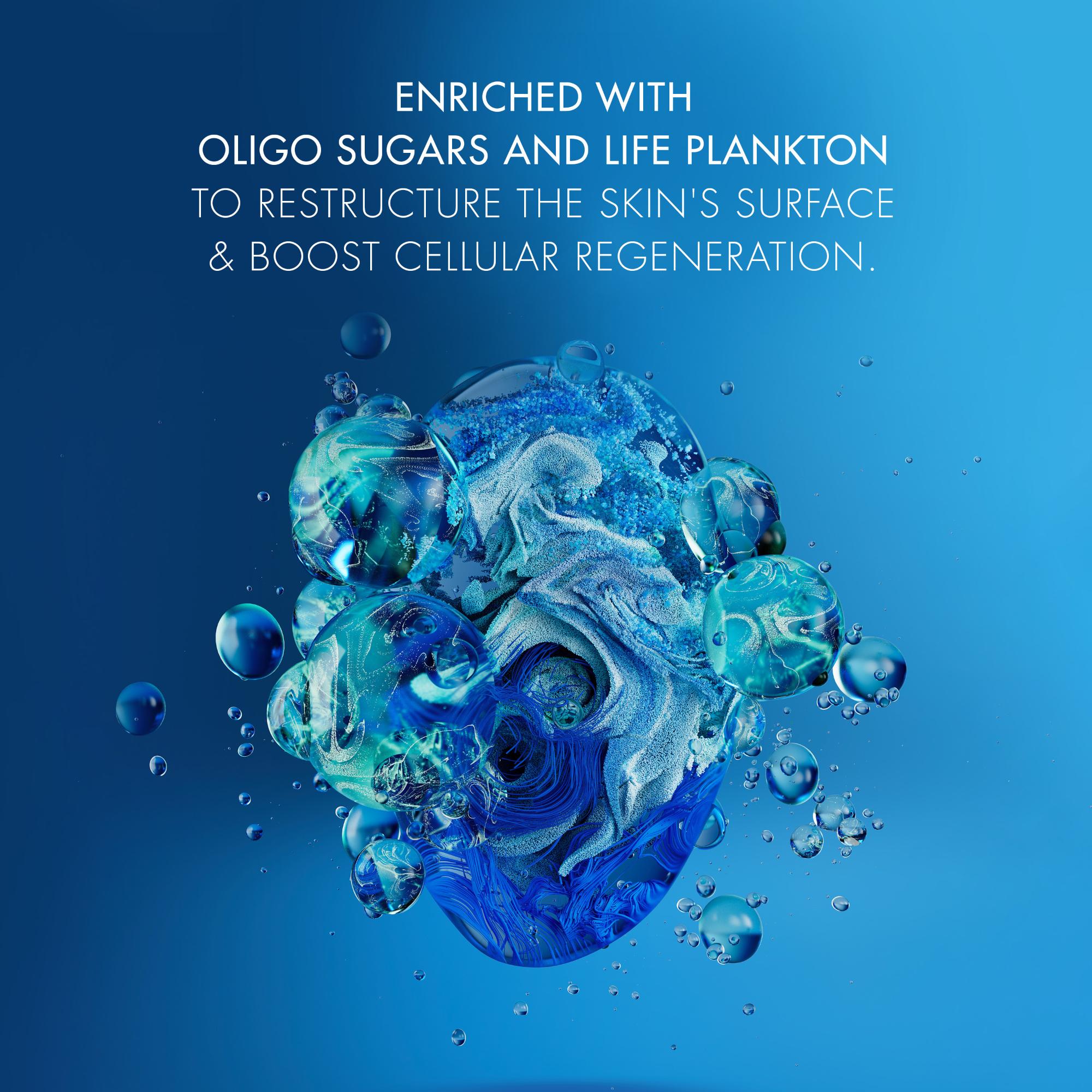 Image GIF3 - A cluster of vibrant blue and white abstract swirling forms and translucent spheres, resembling microscopic elements, surrounded by small bubbles on a blue gradient background, with the text ENRICHED WITH OLIGO SUGARS AND LIFE PLANKTON TO RESTRUCTURE THE SKIN’S SURFACE & BOOST CELLULAR REGENERATION.
