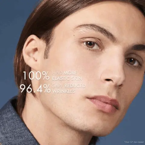 Image GIF1 - A close-up portrait of a man with brown hair and clear skin, looking towards the viewer, against a blue background, with white text displaying: 100% HAD MORE ELASTIC SKIN 96.4% SAW REDUCED WRINKLES *Over 67 men tested. Image GIF2 - An abstract image with swirling blue and white textures and bubbles on a blue background, with text that reads ENRICHED WITH UNIQUE, NATURAL INGREDIENTS SUCH AS DARK CULTIVATED ALGAE AND BLUE ALGAE TO BOOST THE SKIN RENEWAL PROCESS.