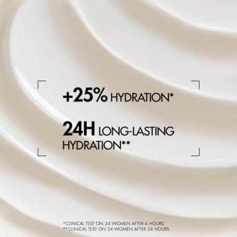 Image GIF1 - A creamy white substance with wavy textures is shown, accompanied by the text +25% HYDRATION*, 24H LONG-LASTING HYDRATION**, *CLINICAL TEST ON 24 WOMEN AFTER 4 HOURS. **CLINICAL TEST ON 24 WOMEN AFTER 24 HOURS.