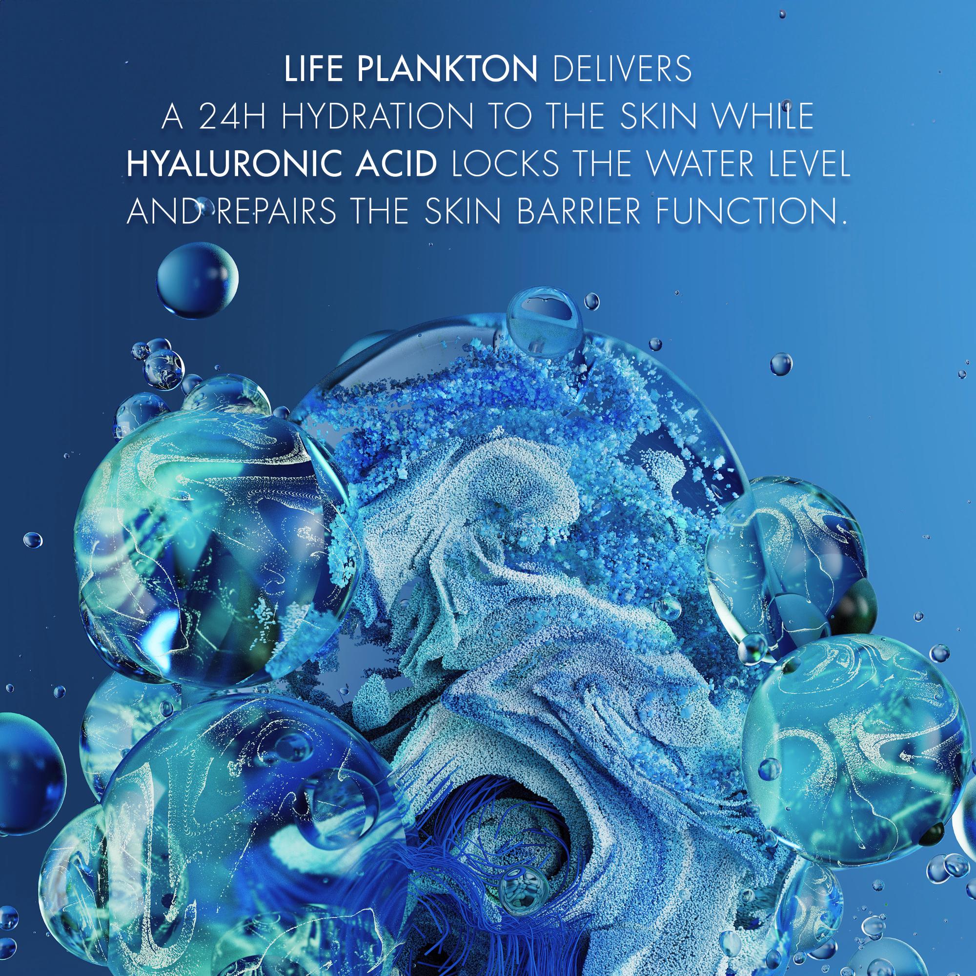 LIFE PLANKTON DELIVERS
A 24H HYDRATION TO THE SKIN WHILE
HYALURONIC ACID LOCKS THE WATER LEVEL
AND REPAIRS THE SKIN BARRIER FUNCTION.