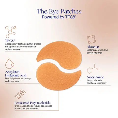 Image 1, The Eye Patches Powered by TFC8 TFC8 A proprietary technology that creates the optimal environment for skin cellular renewal. Allantoin Softens, soothes, and boosts radiance Acetylated Hyaluronic Acid Deeply hydrates and plumps under eye skin Fermented Polysaccharide Brightens and helps reduce appearance of fine lines and wrinkles Niacinamide Helps calm skin and boost luminosity Image 2, C The Eye Patches Clinically Proven Results BOOSTS BRIGHTNESS Dark circles visibly reduced by 42% Eye area brightness visibly improved by 95% REDUCES PUFFINESS Eye puffiness visibly reduced by 25% FINE LINES & WRINKLES The appearance of fine lines and wrinkles is reduced by 27% *In a Clinical Trial of 60 m/f, ages 25-70 with self-perceived sensitive skin, after one application. Image 3, BEFORE AB Augustinus Bader Visibly reduces dark circles AFTER 4 WEEKS Imsge 4, The Eye Patches User Proven Results REDUCES PUFFINESS 79% agree eye area puffiness is reduced FINE LINES & WRINKLES 83% agree skin around the eye is smoothed ENERGIZES & REJUVENATES 75% agree they look more energized and rejuvenated *In a Consumer Perception Study of 105 m/t, ages 25-70 with self-perceived sensitive skin, after one application. Image 5, Step 1 Apply the patches under the eyes and leave on for 20 minutes Step 2 Follow with your Augustinus Bader skincare routine Image 6, How to Use FOR DEEPLY HYDRATED SKIN 1. Cleanse THE CLEANSING BALM AND THE CREAM CLEANSING GEL 2. Refresh & Smooth THE EYE PATCHES 3. Correct & Illuminate THE SERUM 4. Hydrate & Renew THE RICH CREAM OR THE CREAM OR THE ULTIMATE SOOTHING CREAM OR THE FACE OIL