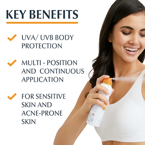 Image 1, key benefits - UVA/UVB body protection, multi position and continuous application, for sensitive skin and acne prone skin. image 2, body, fast absorption, water resistant. image 3, clinically proven results. very good skin tolerability on sensitive skin, including acne prone skin. image 4, licochalcone a, UVA/UVB filters.
