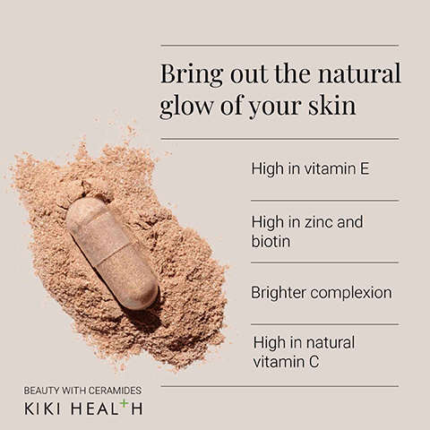 Image 1 - An image of a brown supplement capsule resting on light brown powder, with text stating Bring out the natural glow of your skin and phrases noting benefits such as high in vitamin E, high in zinc and biotin, brighter complexion, and high in natural vitamin C.