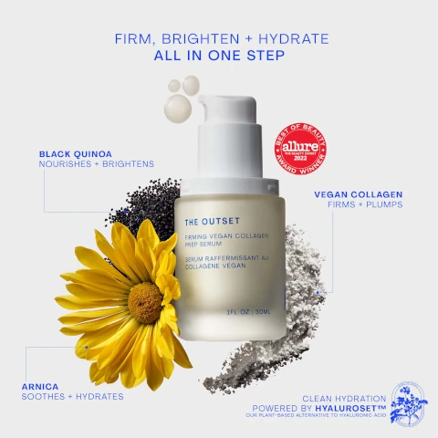 FIRM, BRIGHTEN + HYDRATE ALL IN ONE STEP BLACK QUINOA NOURISHES + BRIGHTENS ARNICA SOOTHES + HYDRATES, allure THE BEAUTY EXPERT 2022 AWARD WINNER VEGAN COLLAGEN FIRMS + PLUMPS CLEAN HYDRATION POWERED BY HYALUROSETT OUR PLANT-BASED ALTERNATIVE TO HYALURONIC ACID