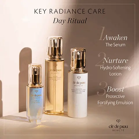 Key Radiance Care Day Ritual. 1. Awaken- The Serum. 2. Nurture- Hydro-softening Lotion 3. Boost- Protective Fortifying Emulsion. Key Radiance Care. 3 daily steps for infinite radiance. 89% felt their skin was in optimal condition after use/ 85% saw an increase in skin radiance. Tested in United State by 108-110 Caucasian women aged 30-65 years old, March 16 May 29 2018, after 4 weeks on use. tested items: The Serum, Hydro-Clarifying Lotion, Protective Fortifying Emulsion, Intensive Fortifying Emulsion