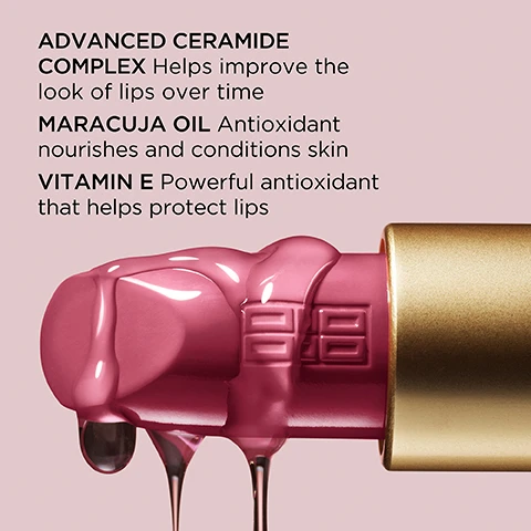 Image 1, advanced ceramide complex helps improve the look of lips over time. maracuja oil = antioxidant nourishes and conditions skin. vitamin 3 = powerful antioxidant that helps protect lips. image 2, conditioning colour lips look - smoother, more define and visibly plumped. image 3, swatches of satin shades - dreamy mauve, breathless, rose petal, rose up, neoclassical coral, red door red, naturally mocha, notably nude. swatches of matte shades - nude blush and ambitious mauve