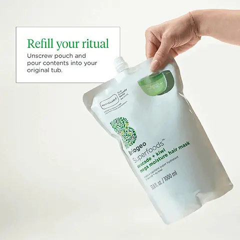 refill your ritual. Unscrew pouch and pour contents into your original tub. One mask refill pouch equals 4 tubs. We develop all packaging with recycled materials and clear recycling instructions