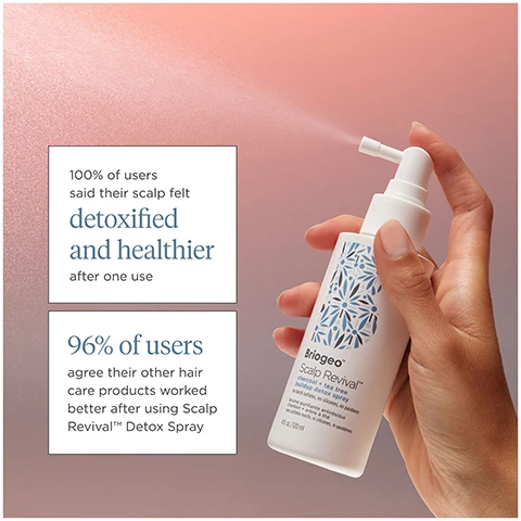 Image 1, 100% of users said their scalp felt detoxified and healthier after 1 use. 96% of users agree their other hair care products worked better after using scalp revival detox spray. Image 2, two ways to pre wash for a more effective shampoo. as a gentle chemical exfoliator that lifts product buildup and flakes. as a dry shampoo detox on wash days. Image 3, how to use, before washing spray directly onto the scal, focusing on areas with buildup, massage in to evenly distribute, leave on for up to 15 minutes, rinse out and wash hair. Image 4, scalp care for healthy hair.