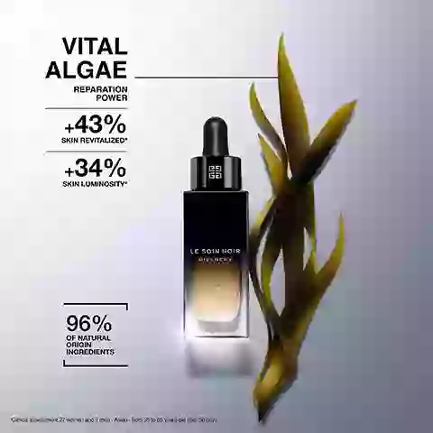 Image 1, vital algae reparation power. +43% skin revitalized. +34% skin luminosity. 95% of natural origin ingredients. clinical assessment 27 women and 5 men - asian from 35 to 65 years old after 56 days. image 2, +43% skin revitalised. clinical assessment 27 women and 5 men - asian from 35 to 65 years old after 56 days. image 3, step 1 = apply the texture with linear movements. step 2 = firm with pressure movements. step 3 = illuminate with meridian accupression. image 4, +26% skin transparency. +34% skin luminosirt. -18% color intensity of the pigmented spot. clinical assessment 27 women and 5 men - asian from 35 to 65 years old after 56 days.