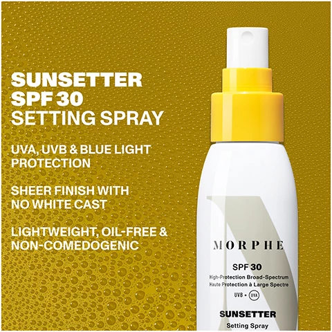 Image 1, sunsetter spf 30 setting spray, UVA and UVB and blue light protection, sheer finish with no white cast, lightweight, oil free and non comedogenic. Image 2, 93% felt the spray was the perfect way to apply SPF without distrupting makeup, based on a study of 30 female setting spray and foundation users.