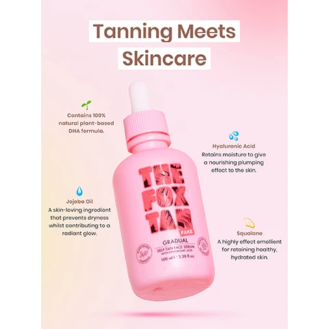 image  1, tanning meets skincare. Contains 100% natural plant based DHA formula. jojoba oil, a skin loving ingredient that prevents dryness whilst contributing to a radiant glow. hyaluronic acid retains moisture to give a nourishing plumping effect on the skin. squalane a highly effective emollient for reatining healthy, hydrated skin. image 2, 1 = prep your glow, exfoliate, shave get squeaky clean skin for a silky smooth base. 2 = glove up bby, our luxe velvet tanning mitt will glide effortlessly alloweing a streak-free glow. 3 = get glowing, apply to your skin liberally using our mitt, making sure to cover your whole bod. 4 = marinate, allow the tan to develop to ensure a flawless, bronzy sun kissed glow.