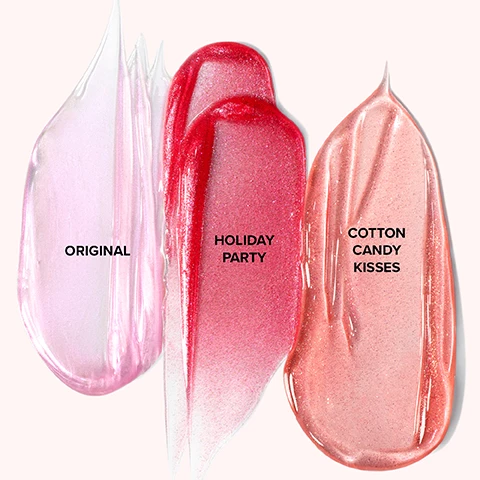 Image 1, swatches of original, holiday party and cotton candy kisses. image 2, models are wearing lip injection maximum plump shade in original. image 3, models are wearing lip injection maximum plump in shade holiday party. image 4, models are wearing lip injection maximum plump in shade cotton candy kisses.
