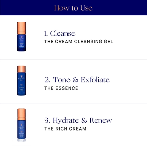How to use. 1. Cleanse, The cream cleansing gel. 2. Tone and exfoliate, The essence. 3. Hydrate and renew, The rich cream.