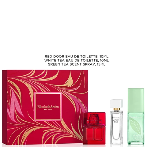 Image 1, red door eau de toilette, 10ml. white tea eau de toilette, 10ml. green tea scent spray, 15ml. image 2, red door notes of freesia, red rose and sandalwood. image 3, green tea - notes of lemon, green tea and oakmoss. image 4, white tea = notes of clary, sage, white iris and trio of musks